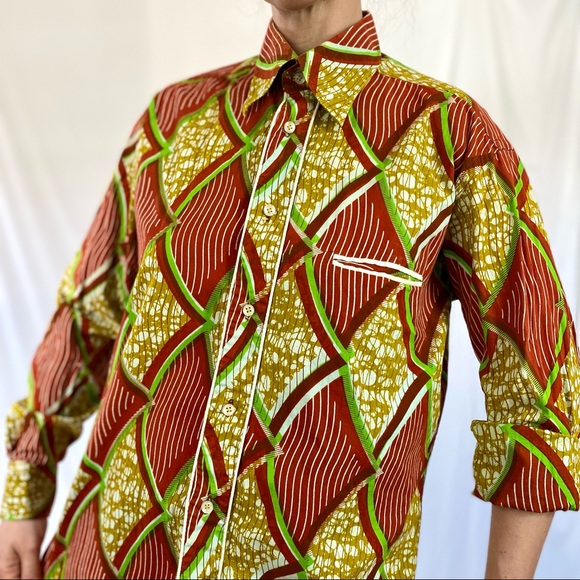 Vintage wax block print button up long sleeve blouse/shirt - Picture 1 of 7